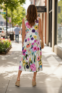 Elegant Floral Midi Dress with Timeless Sleeveless Style