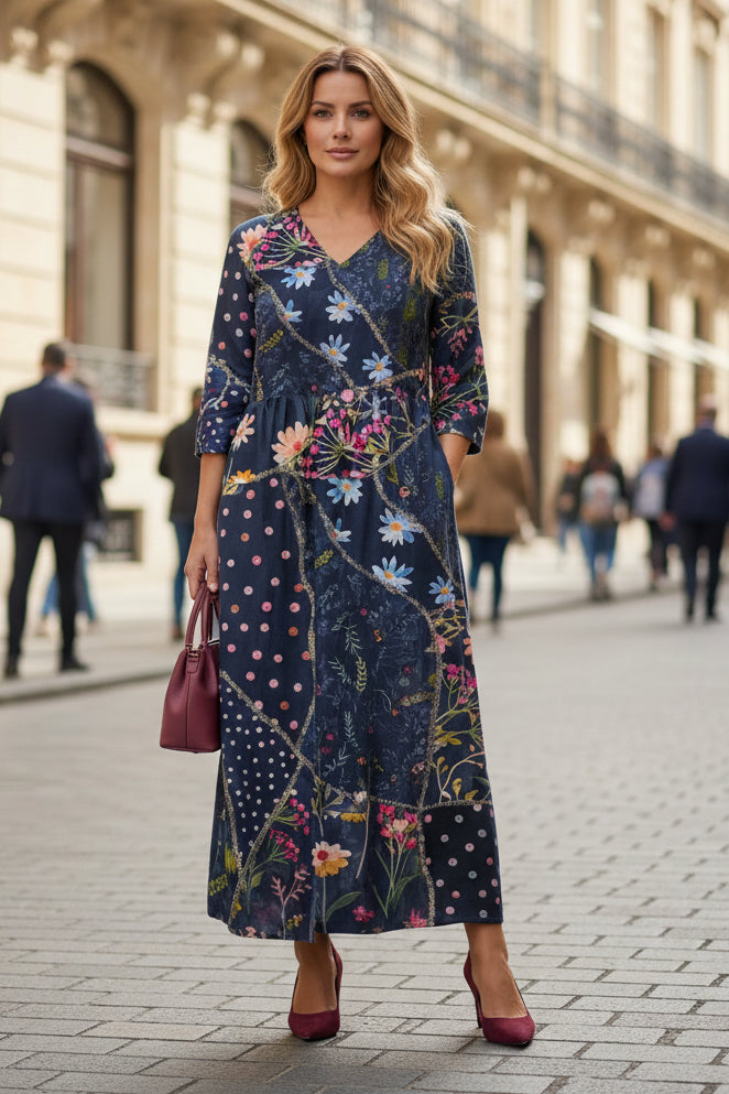 Floral Gather Midi Dress in Blue