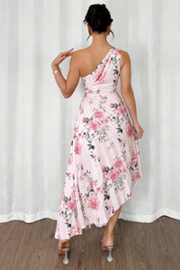 Floral One Shoulder Pleated Midi Dresses