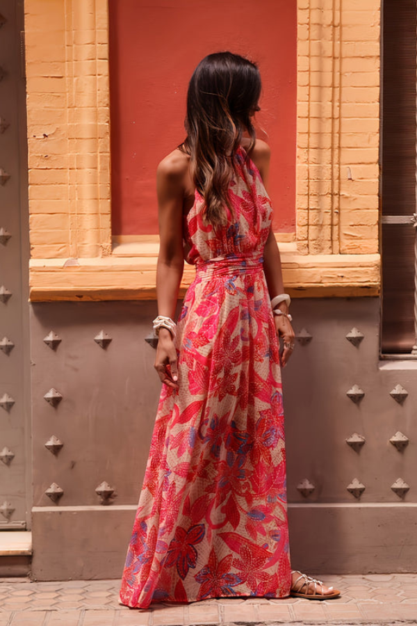 Tropical Halter Neck Keyhole Maxi Dresses