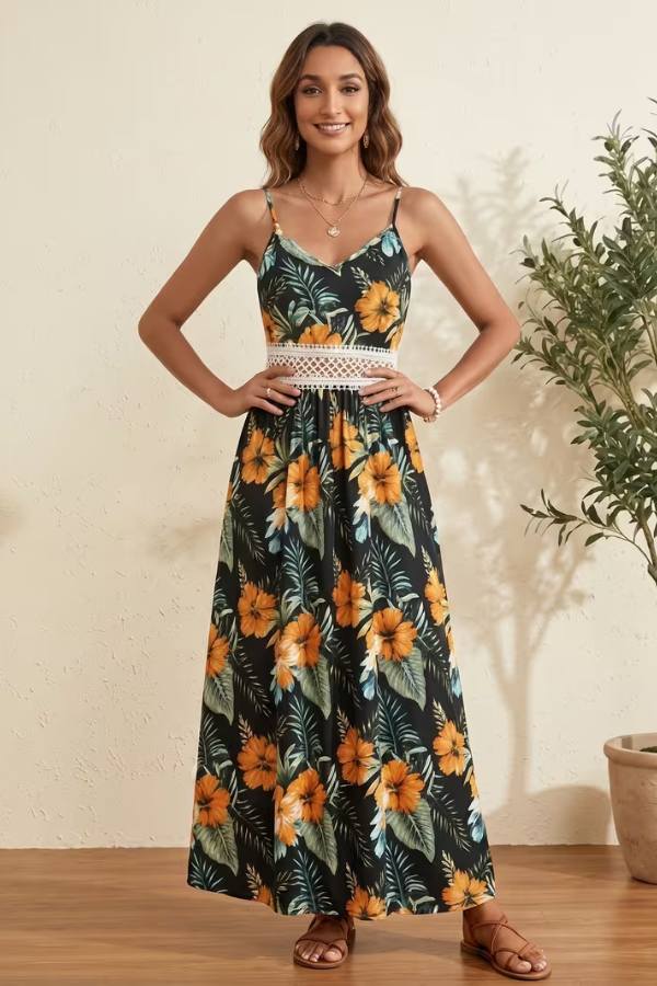 Floral V Neck Sleeveless Maxi Dress