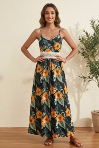 Floral V Neck Sleeveless Maxi Dress