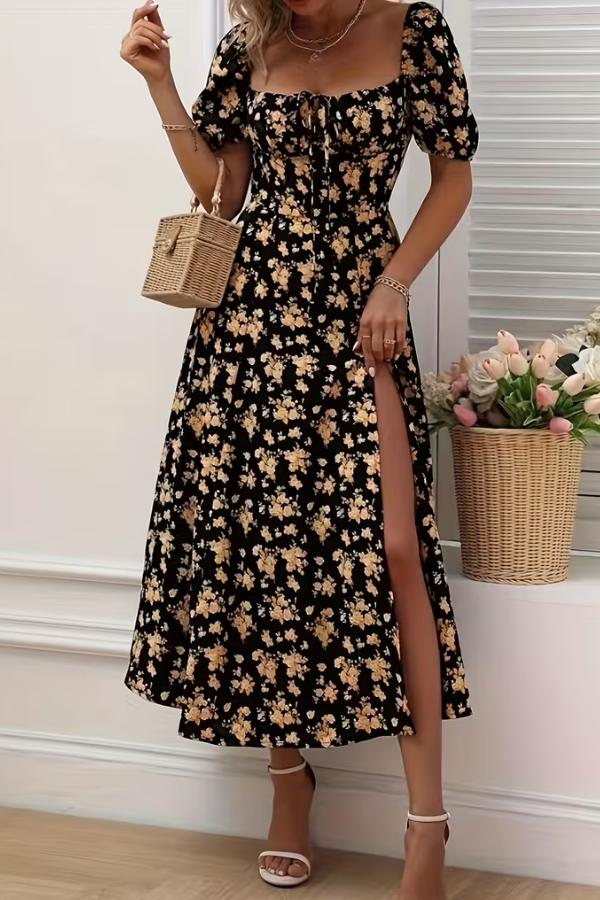 Floral Slit Design Midi Dress