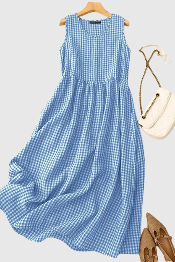 Plaid Pleated Halter Neck Midi Dresses