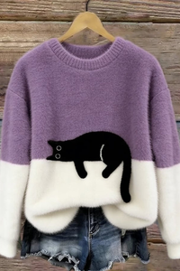 Casual Cat Pattern Knit Sweater