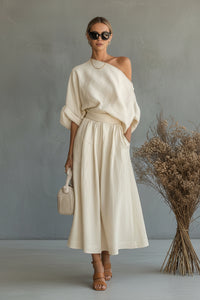 Relaxed Fit Puff Sleeve Top and Skirt Coordinated Set