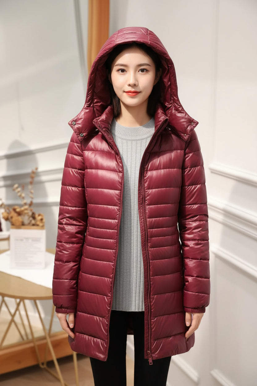 Hooded Quilted Zip Front Longline Coat