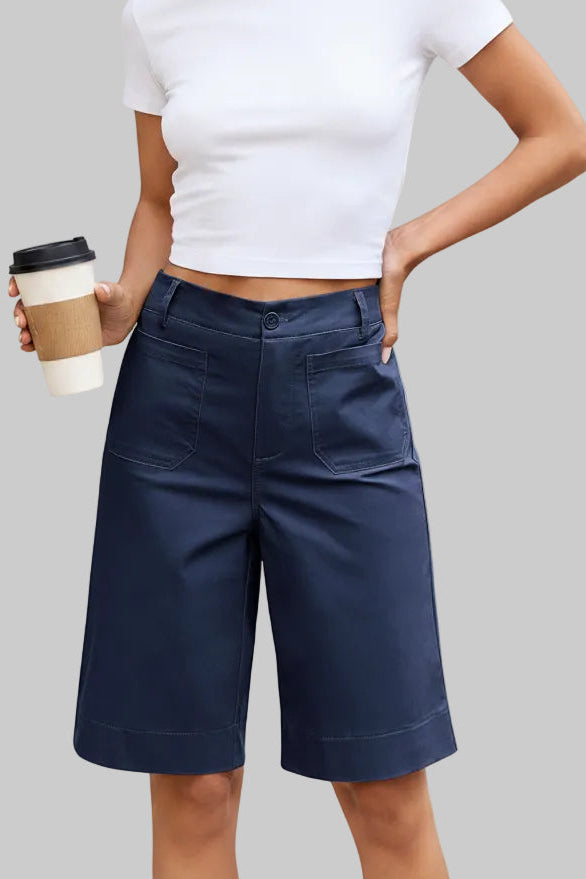 Elegant High Waist Shorts with Relaxed Knee Length Fit