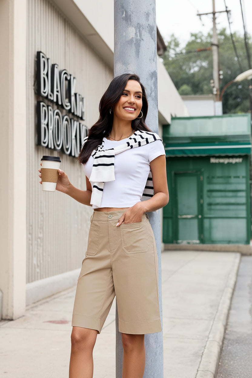 Elegant High Waist Shorts with Relaxed Knee Length Fit