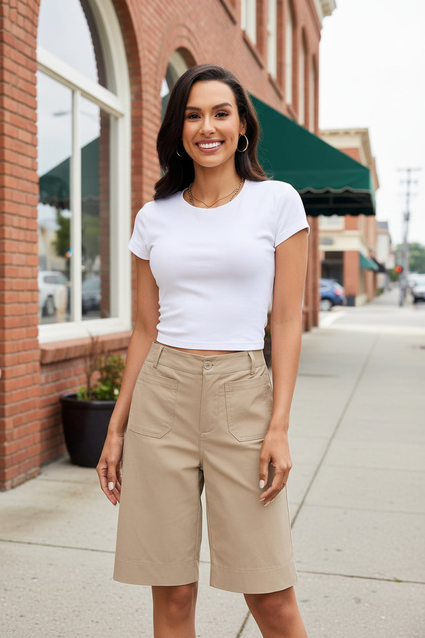 Elegant High Waist Shorts with Relaxed Knee Length Fit
