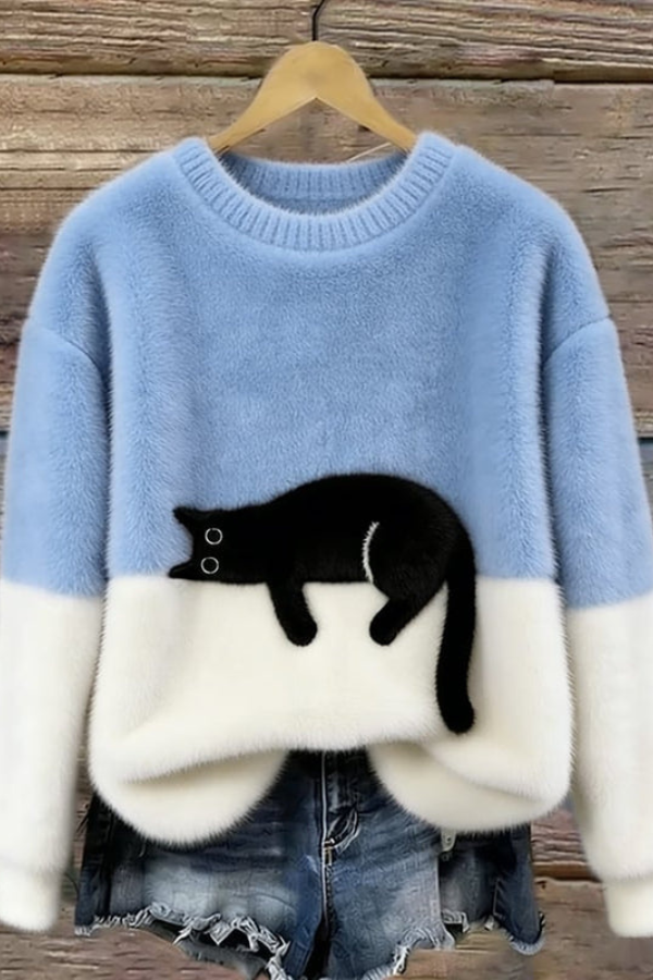Casual Cat Pattern Knit Sweater