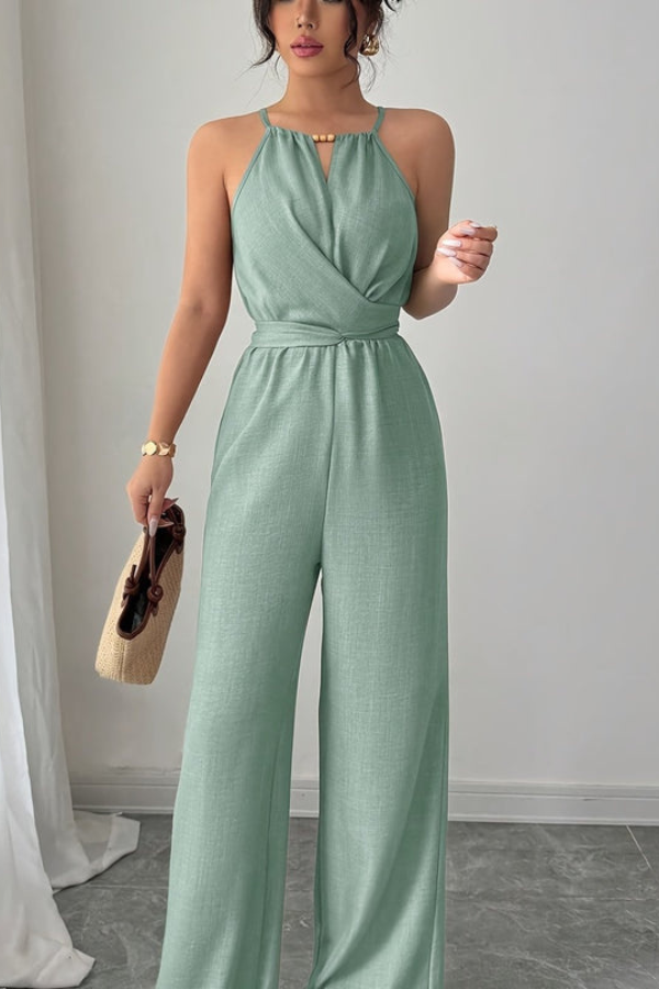 Pleated Twist-Waist Maxi Jumpsuit