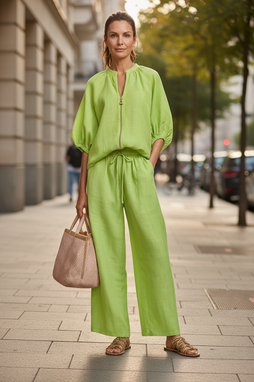 Zip-Front Blouson Top and Wide Leg Trouser Set