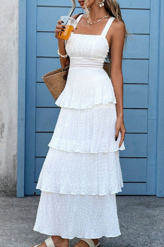 Vacation Pleated Square Neck Midi Dresses