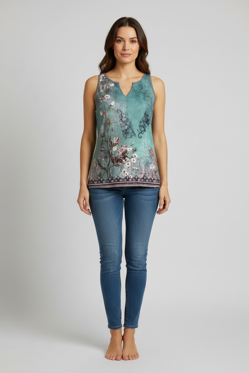 Boho Watercolor Sleeveless V-Neck Top
