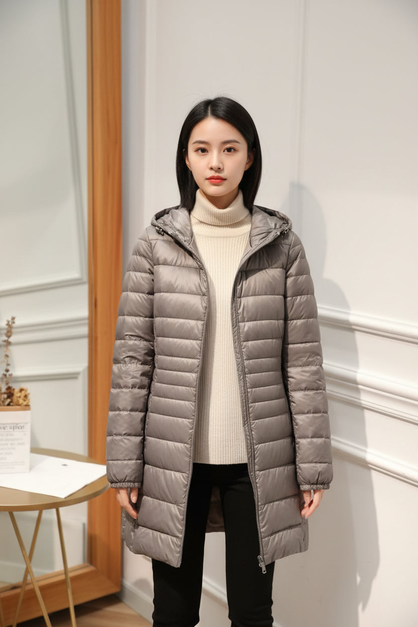 Hooded Quilted Zip Front Longline Coat
