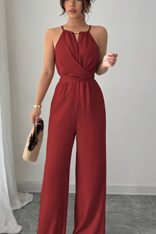 Pleated Twist-Waist Maxi Jumpsuit