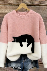 Casual Cat Pattern Knit Sweater