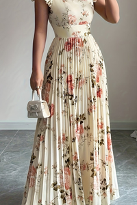 Summer Floral Square Neck Pleated Midi Dresses