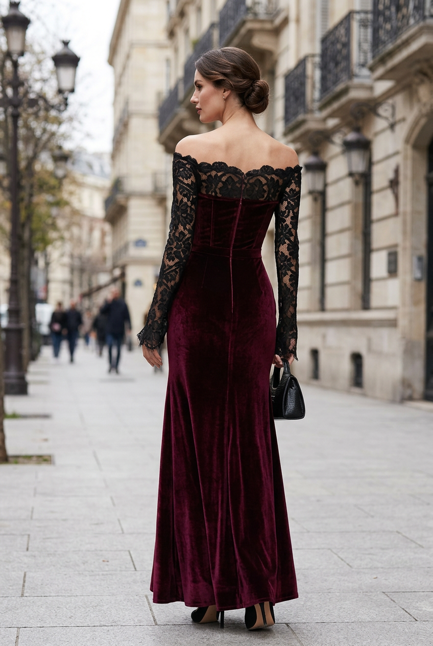 Winnie | Maxi-Winterkleid für Damen aus Samt mit Spitzenärmeln