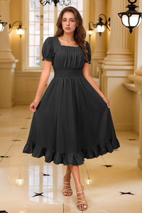 Elegant Pleated Square Neck Midi Dresses