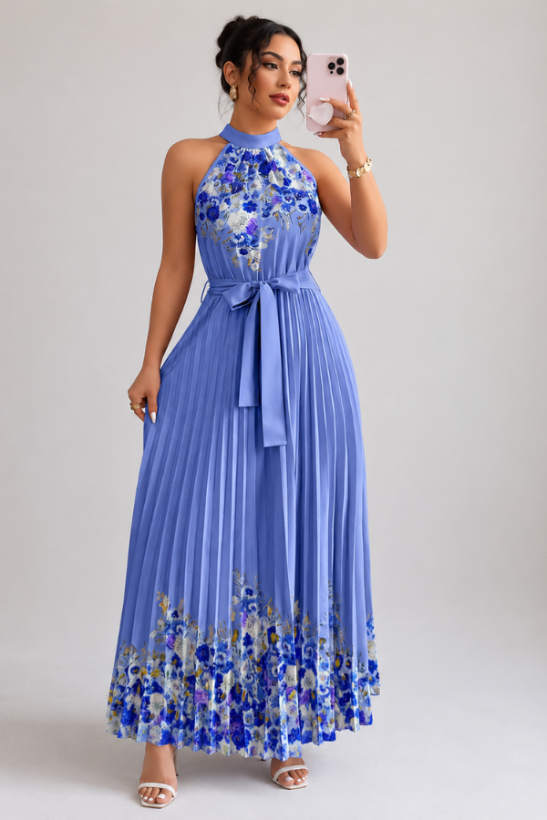 Floral Pleated Square Neck Midi Dresses