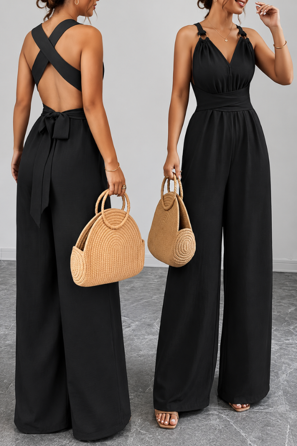 Eleganter weit geschnittener Jumpsuit mit Kreuzgurt