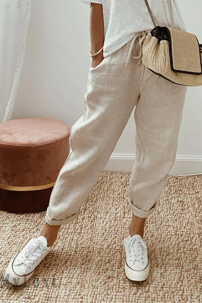 Airy Linen Pants - High Waist Straight Leg Trousers in Cotton-Linen Blend 0