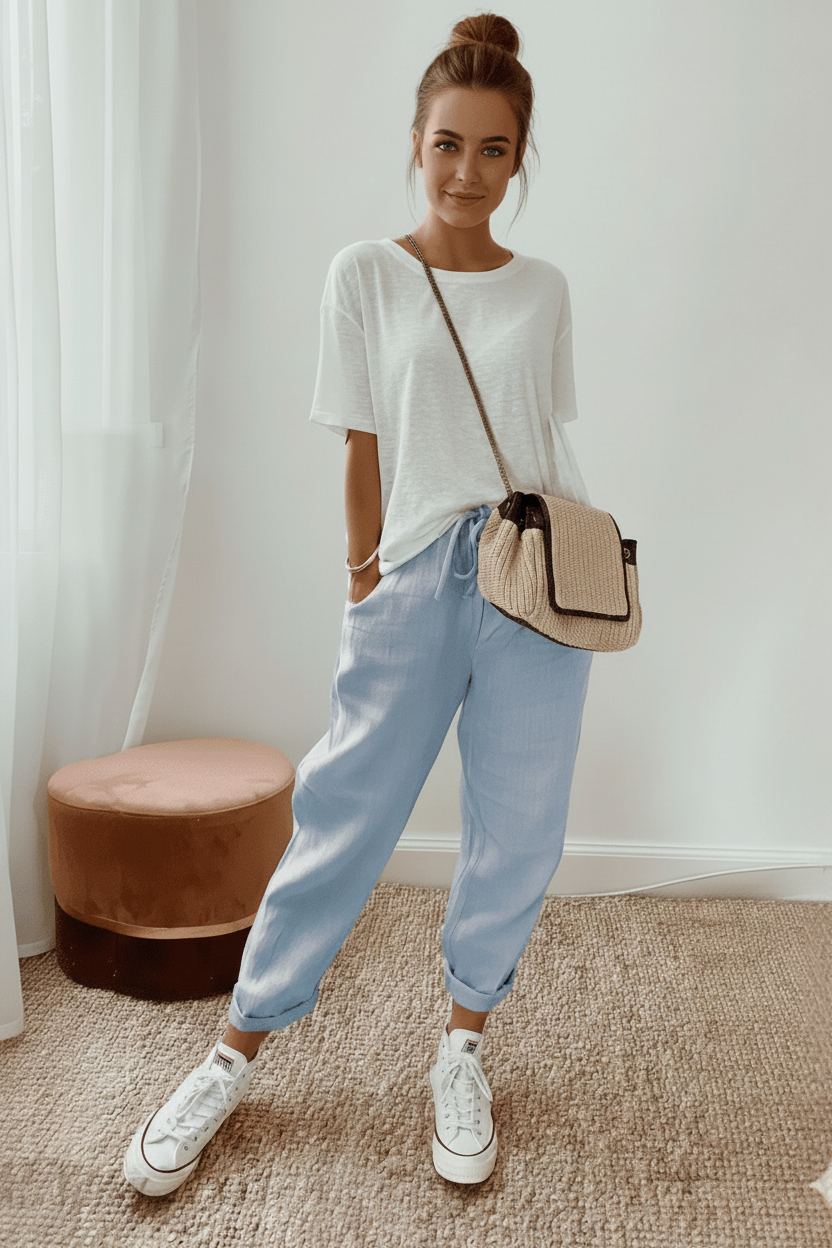 Airy Linen Pants - High Waist Straight Leg Trousers in Cotton-Linen Blend 1
