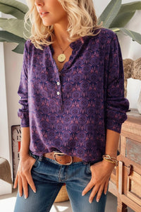 Artistic Long Sleeve Blouse with Vintage Print and Relaxed Fit 1