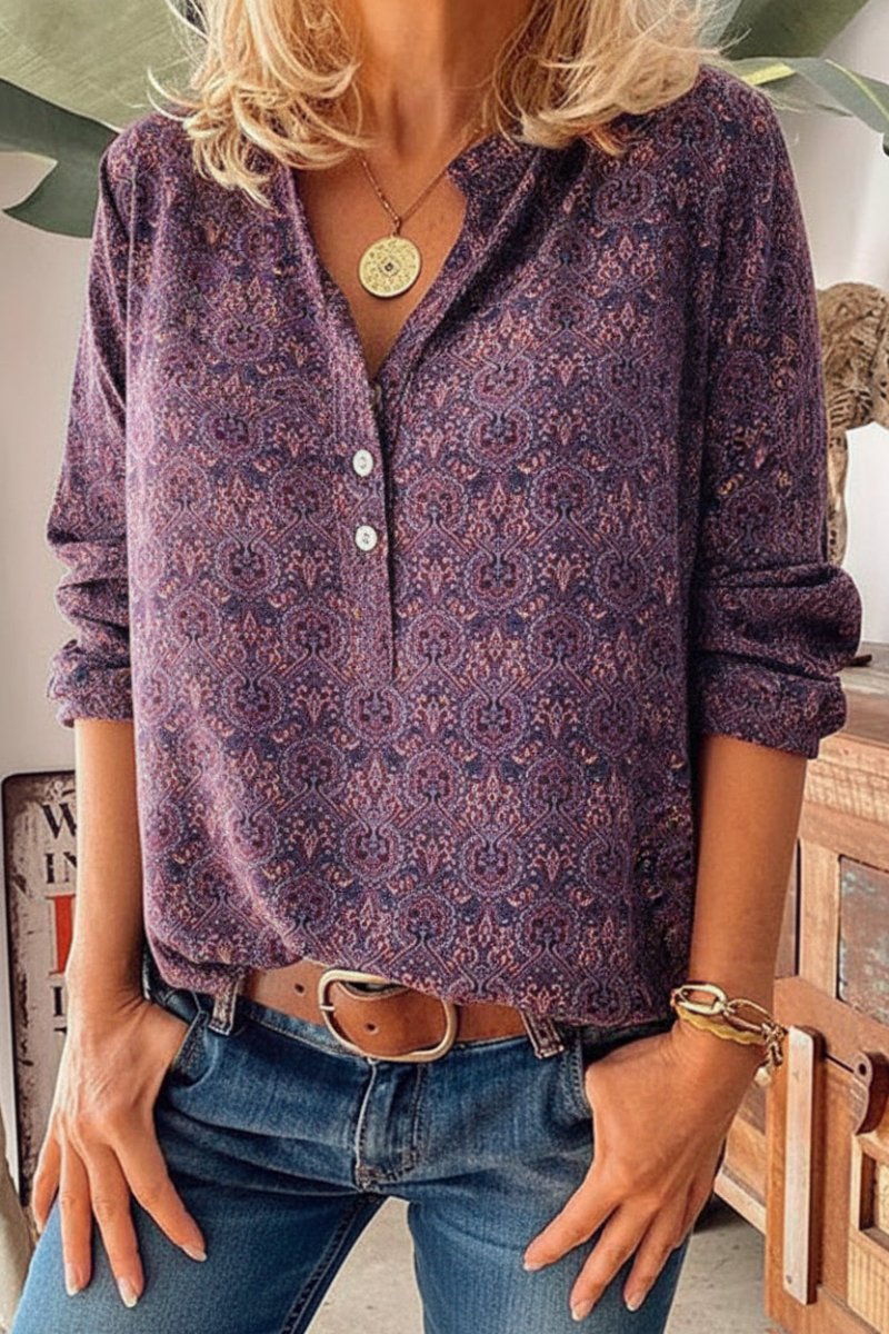 Artistic Long Sleeve Blouse with Vintage Print and Relaxed Fit 4