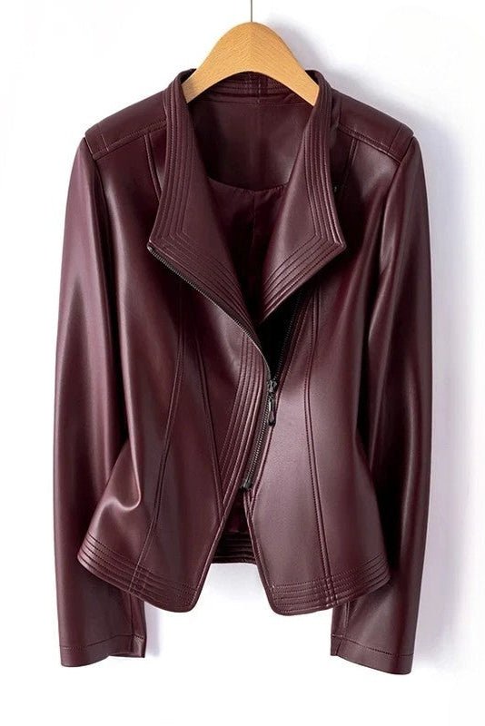 Asymmetrical Zip Leather Jacket with V-Collar for Effortless Style 0