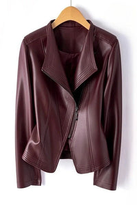 Asymmetrical Zip Leather Jacket with V-Collar for Effortless Style 0