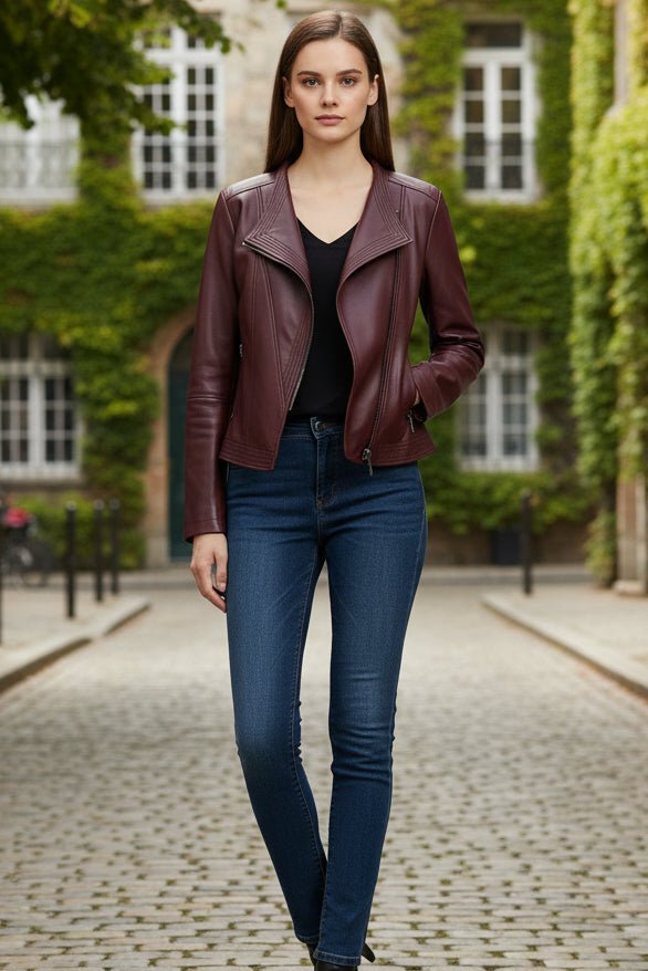 Asymmetrical Zip Leather Jacket with V-Collar for Effortless Style 1
