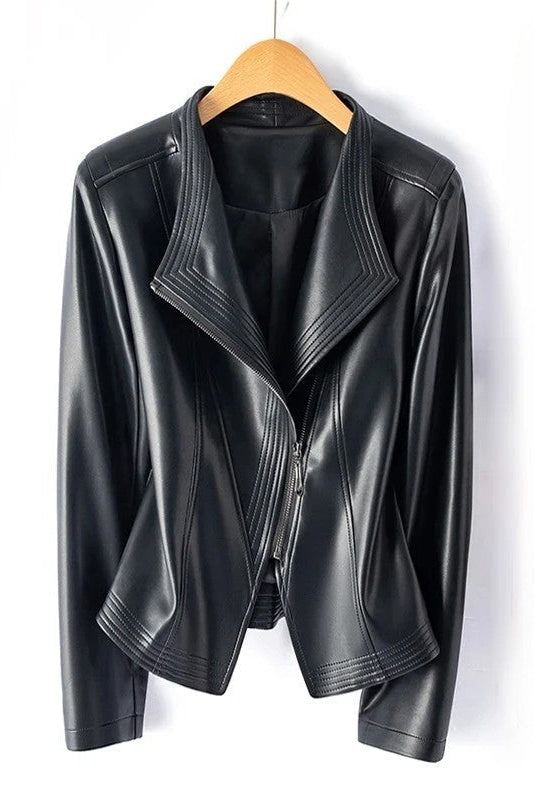 Asymmetrical Zip Leather Jacket with V-Collar for Effortless Style 10