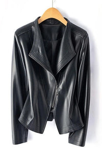 Asymmetrical Zip Leather Jacket with V-Collar for Effortless Style 10