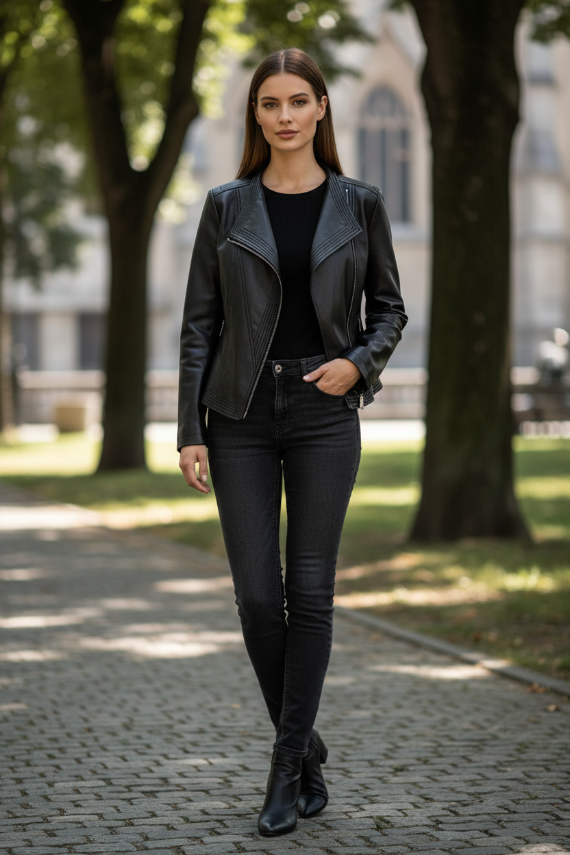 Asymmetrical Zip Leather Jacket with V-Collar for Effortless Style 4