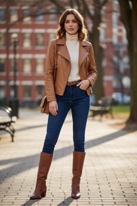 Asymmetrical Zip Leather Jacket with V-Collar for Effortless Style 5