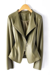 Asymmetrical Zip Leather Jacket with V-Collar for Effortless Style 6