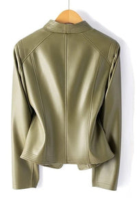 Asymmetrical Zip Leather Jacket with V-Collar for Effortless Style 7