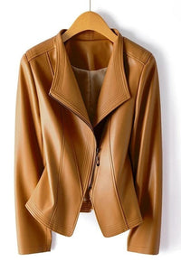 Asymmetrical Zip Leather Jacket with V-Collar for Effortless Style 8