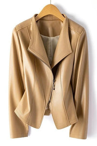 Asymmetrical Zip Leather Jacket with V-Collar for Effortless Style 9