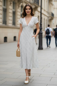 Graceful Polka Dot V-Neck Maxi Dress