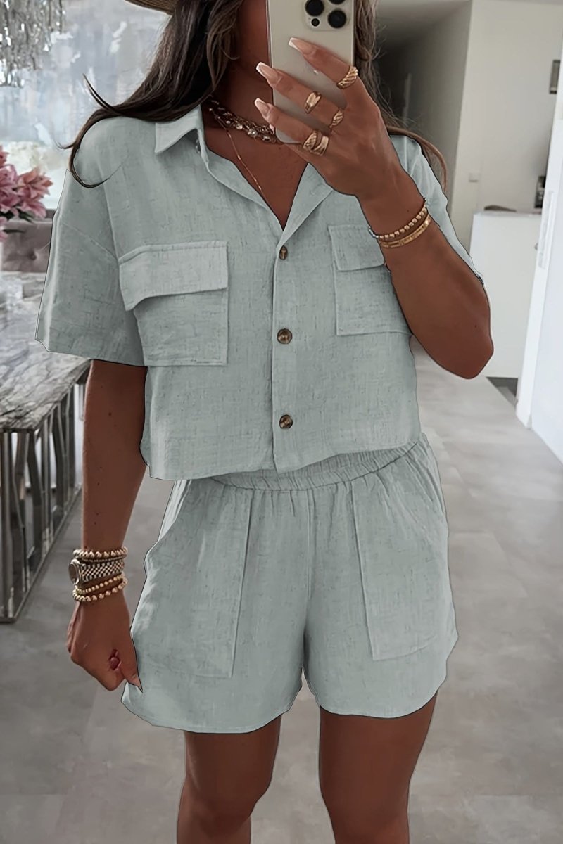 Breathable Linen Summer Collar Top and Shorts Set 2