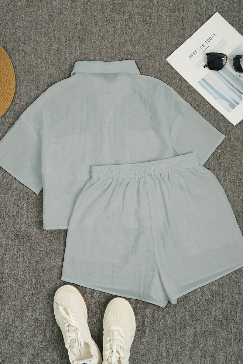 Breathable Linen Summer Collar Top and Shorts Set 4