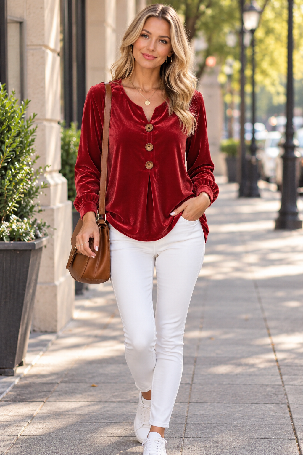 Women's Elegant V-Neck Blouse with Decorative Button Details