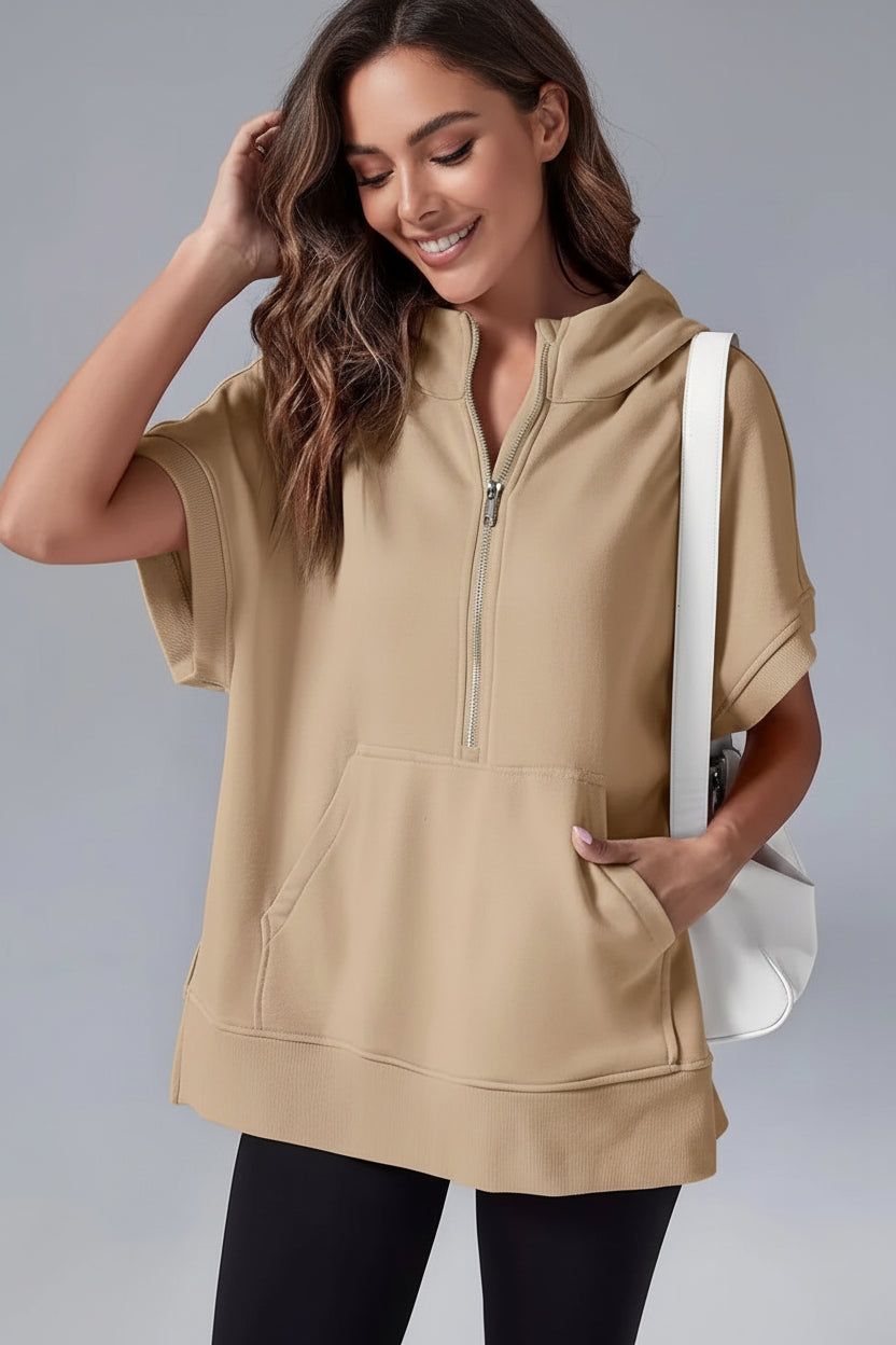 Casual Short Sleeve Hoodie with Half Zip and Pockets for Everyday Comfort 4