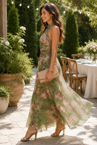Stylish Halter Maxi Dress with Romantic Floral Appeal