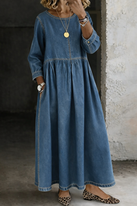 Elsie | Women's Denim Dress with Long Sleeves, Round Neck
