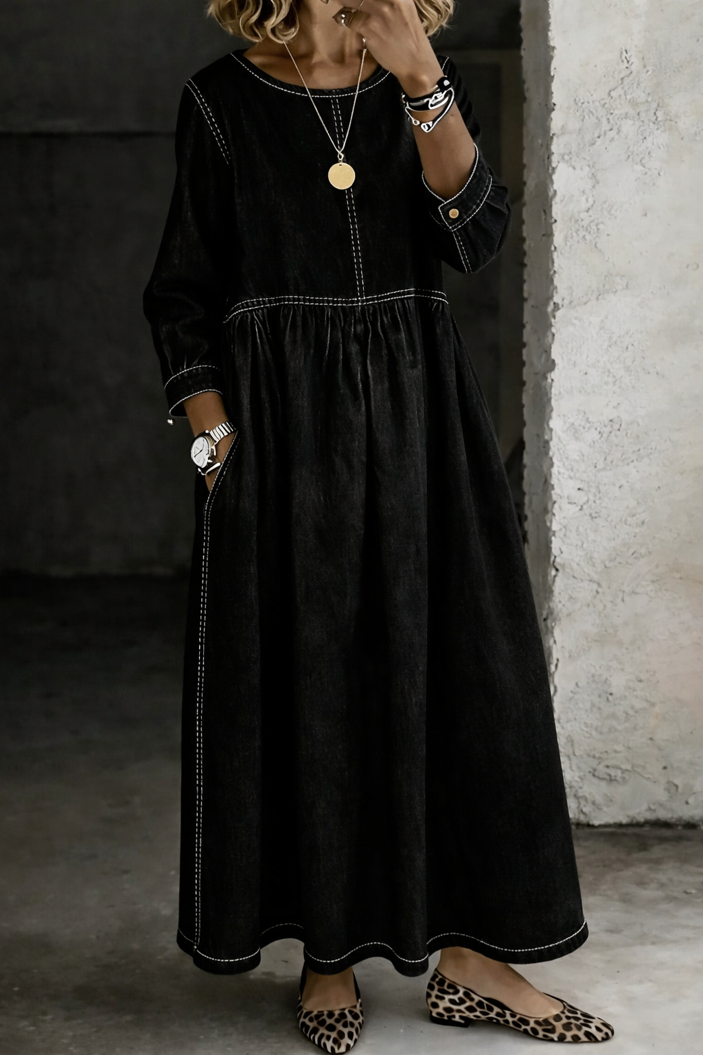 Elsie | Women's Denim Dress with Long Sleeves, Round Neck